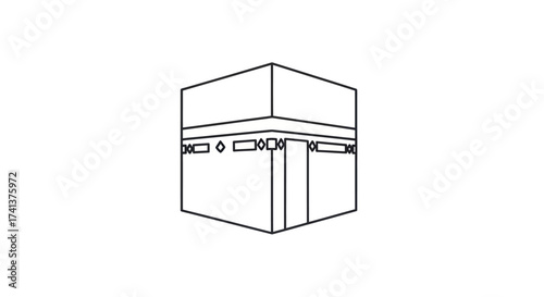 Simple black and white line art drawing of the Kaaba the holy Islamic building in Mecca.