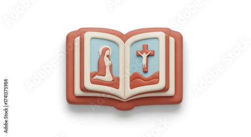 Open religious book with kneeling figure praying and crucifix spiritual imagery.