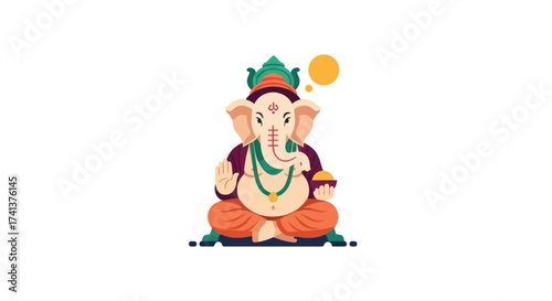 Colorful Cartoon Illustration of Lord Ganesha Hindu Deity.