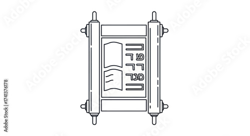 A line drawing of a Jewish Torah scroll unrolled to show the Ten Commandments tablets.
