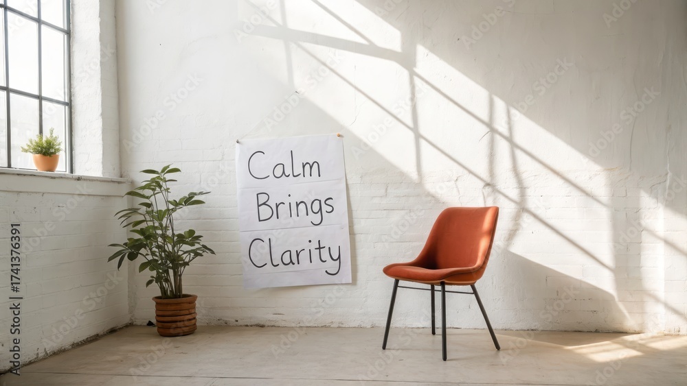 Fototapeta premium Orange chair beside a white wall with a motivational message