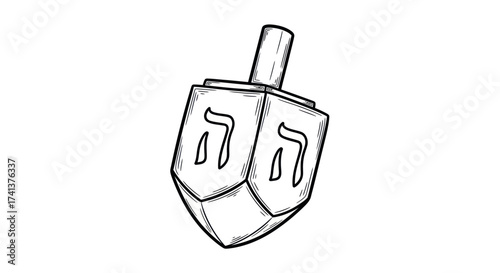 Traditional Jewish Hanukkah Dreidel Spinning Top Line Art Drawing.