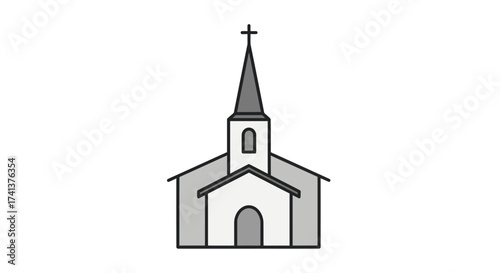 Simple Line Drawing of a Traditional Church Building with Steeple.