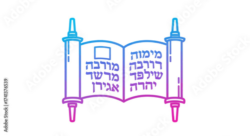 An open Torah scroll with Hebrew lettering depicted as a vibrant purple and blue line art icon.
