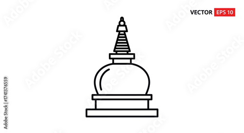 Simple Black Outline Illustration of a Buddhist Stupa.