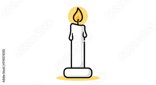 A tall white cylindrical candle with a bright flickering flame.