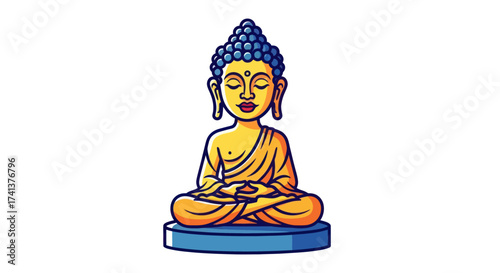 A colorful cartoon illustration of a serene golden Buddha meditating in the lotus position on a blue base.