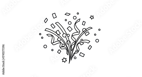 Festive Confetti and Streamers Bursting Outward.