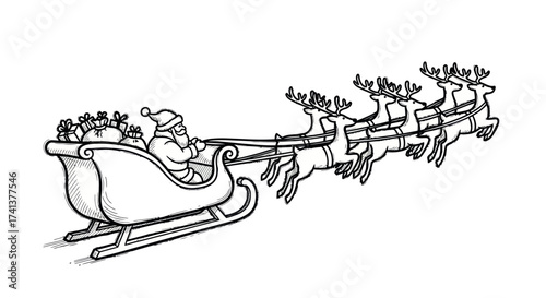 Santa Claus in Sleigh Pulled by Reindeer Christmas Illustration.