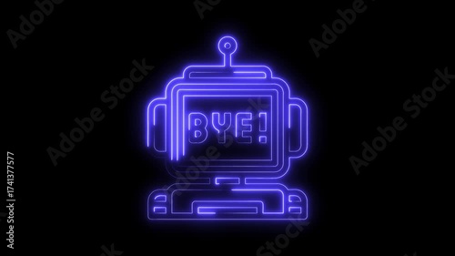 Animated neon robot with glowing blue outline displaying bye message on black background