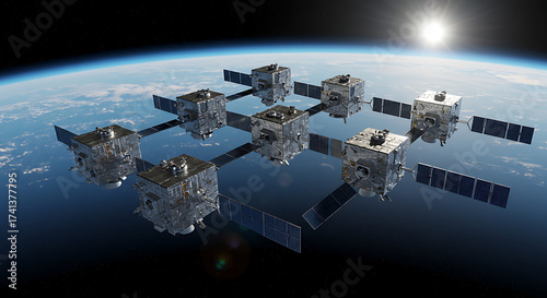 Illustration of a satellite constellation in orbit around the Earth, showcasing advanced technology.