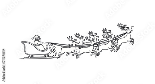 Santa Claus riding in a sleigh pulled by reindeer line art illustration.