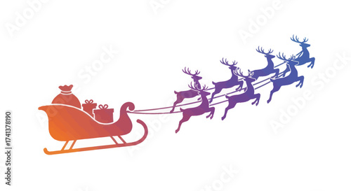 Festive Santas Sleigh Pulled by Reindeer in Flight.
