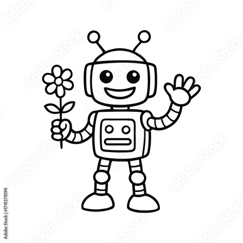 Cute friendly cartoon robot character holding a flower and waving hello with a happy expression