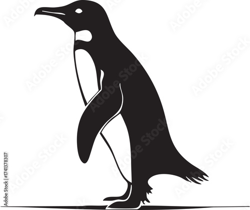 Walking penguin silhouette, minimal black vector illustration with clear contour, elegant motion design concept isolated on white background