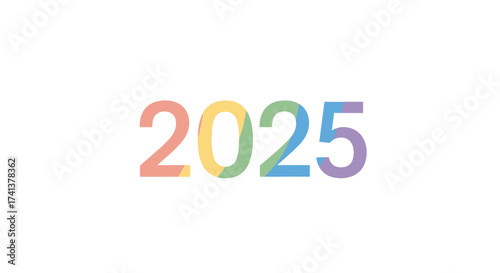 Colorful Rainbow-Hued 2025 Year Digitally Rendered on White Background.