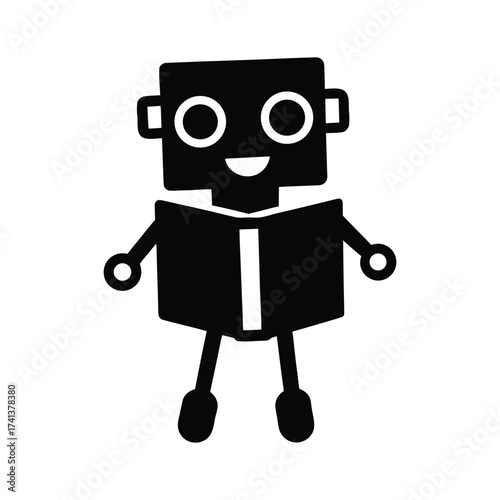 Cute black silhouette of a friendly robot character holding a small flower in its hand