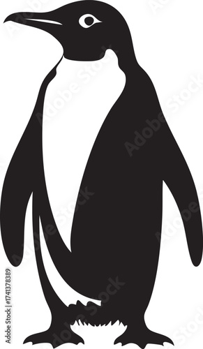 Standing emperor penguin silhouette, tall elegant black vector illustration, minimal clean wildlife design isolated on white background