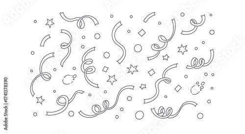 Hand-drawn collection of festive confetti and streamers.