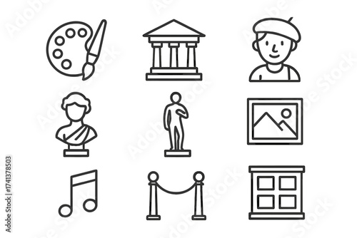 Art icons in clean line style, museum illustrations, architecture and sculpture symbols, artist and music notes, statues and image frames vector collection