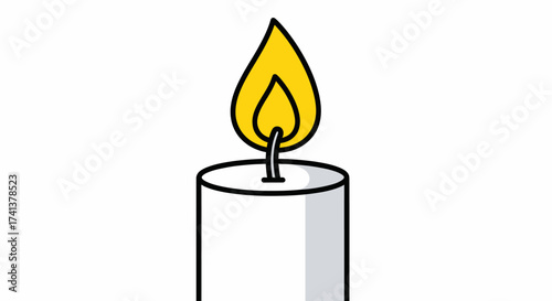 A lit white candle with a bright yellow flame.