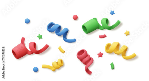 Colorful 3D Rendered Confetti and Streamers for Celebration.