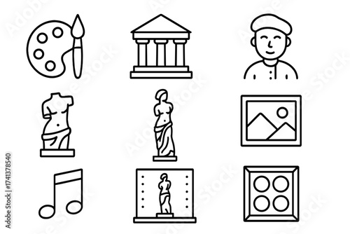 Art and culture icon set. Line style vector collection with creative symbols for museum, gallery, artist, painting, sculpture, music, and architecture. Editable graphics.