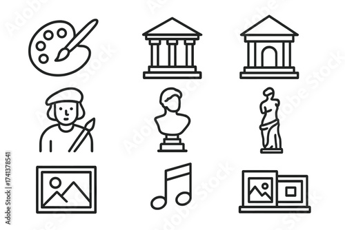 Art and culture web icons in thin line style. Creative collection of symbols. Museum, artist, painter, sculpture, statue, music, digital image gallery, vector pictogram set.