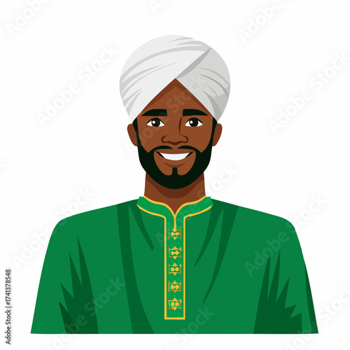 Smiling man in turban and green traditional clothing