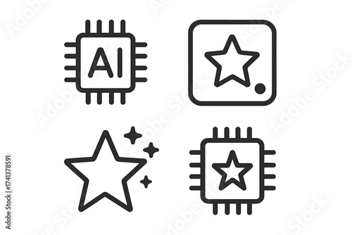 Artificial intelligence line icon set. Generative AI logo with star and chip symbols. Concept for machine learning, content generation, and new AI features. Vector graphic.
