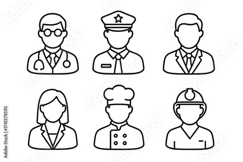 Professions avatar line icon set. People occupation outline symbols. Doctor, policeman, businessman, businesswoman, chef, engineer vector character bust collection for web.
