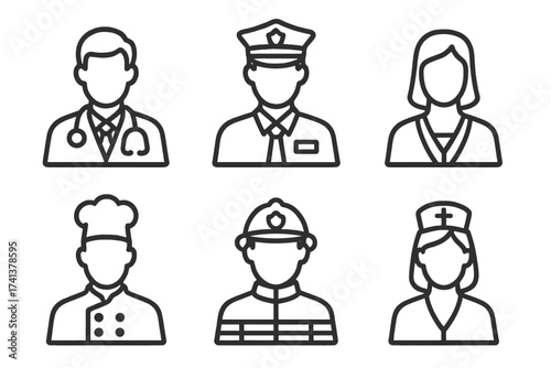 Avatar professions web icons in line style. Doctor, policeman, business man and woman, chef, fireman, nurse collection. Vector illustration of occupations and jobs people set.
