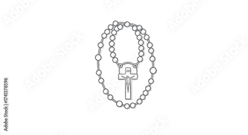 Detailed Line Art Illustration of a Rosary with Crucifix.