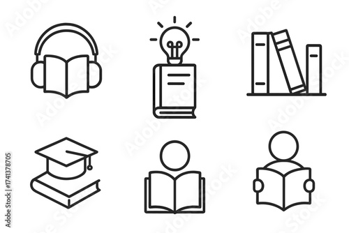 Education and reading line icon set. Thin linear vector icons for web and mobile. Audiobook, library, knowledge, graduation, e-learning and literature concepts illustration.