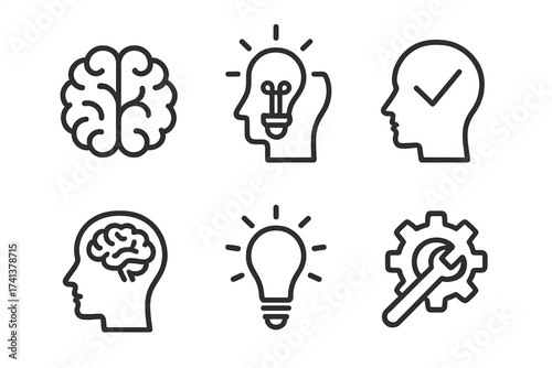 Brainstorming line icon set. Brain, idea, smart, creativity, skill vector collection. Mind, innovation, thinking, solution. Head with lightbulb and checkmark. Psychology concept.