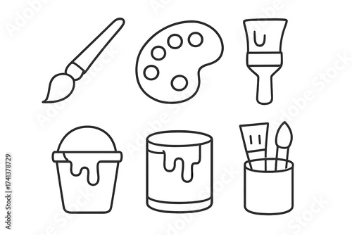 Painting tools line icon set. Paintbrush, color palette, bucket, can. Vector illustration collection. Art supplies for drawing, creativity, hobby, DIY, wall renovation.