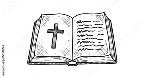 Open Bible with Cross Illustration in Black and White.