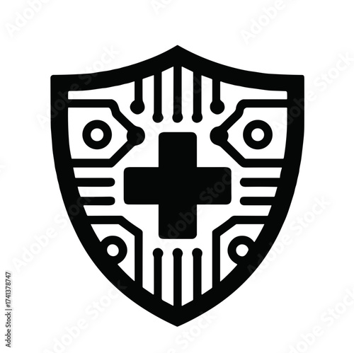 Modern antivirus shield icon with circuit pattern and cross symbol for cybersecurity concept on transparent background 
