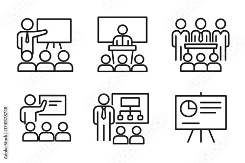 Business presentation line icon set. Meeting, conference, and training symbols. Speaker, audience, and teamwork vector icons. Corporate briefing, planning, and strategy chart.