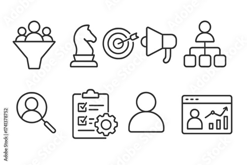 Customer relationship management icon set. CRM line icons for business strategy, marketing, data analysis, sales funnel, planning, and management. Vector illustration collection.