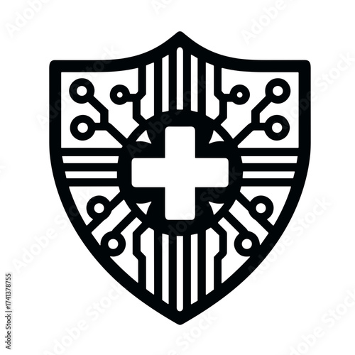 Stylized antivirus shield with circuit design and central cross for digital protection concept on transparent background 