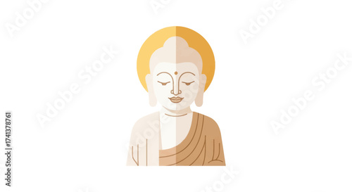 Stylized flat design illustration of a serene Buddha bust with golden hair and robes.