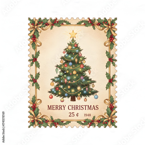 Vintage Christmas Tree Postage Stamp Illustration