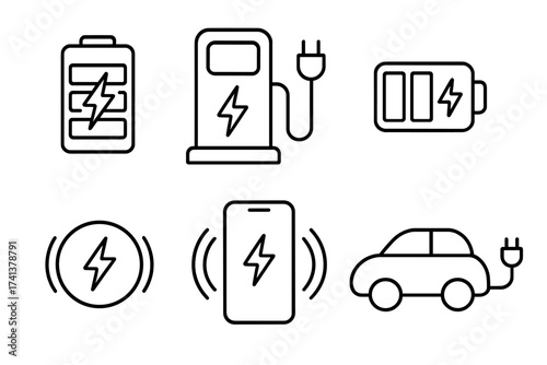 Charging icon set in thin line style. Vector collection of symbols for energy and power. Includes electric car, battery, smartphone, wireless charging, and station pictogram.