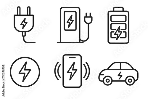Charging icon set in line style. Electric car and smartphone charging concept. Collection of symbols like EV station, battery, plug, wireless charger. Vector energy pictograms.