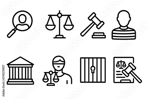 Law and justice line icon set. Legal system, court, and crime symbols. Investigation, judgment, prison, and criminal vector icons. Gavel, scales, and courthouse graphics.