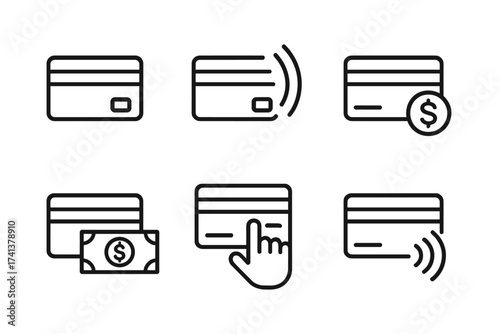 Credit card web icons set in thin line style. Payment method collection, including nfc, money, cash, pay pass, contactless payment and financial transaction symbols.