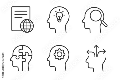 Critical thinking line icon set. Head profile with gear, lightbulb, puzzle. Mind process, problem solving, analysis, decision making. Vector collection for web design.