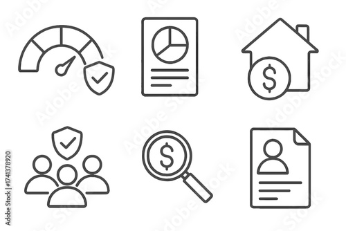 Credit score and financial rating icon set. Line style vector icons for mortgage, loan application, financial report, audit, guarantors, and personal data analysis concept.