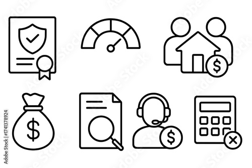 Credit rating and score line icon set. Financial scoring, mortgage, money, guarantors, auditor, and collection symbols. Vector illustration for banking and finance concepts.